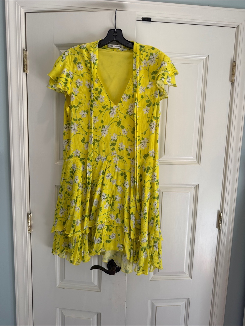 Alice + Olivia Yellow Floral Tiered Ruffle Mini Dress